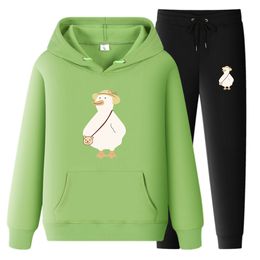 Hoodies للمسارات النسائية + سروال Sweatpants لطيف كرتون بطة الرياضة مجموعة من الذكور بدلة النساء مجموعات من النوعية للرجال للرجال سراويل 2 قطعة مجموعة الحجم الآسيوي S-3XL