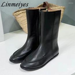 Boots Flat Short Woman Genuine Leather Round Toe Knight High Quality Shoes Women Runway Mid-Calf