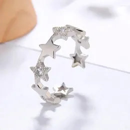 Cluster Rings Bohemian Simple Smooth Five Pointed Star Ring Exquisite Zircon Silver Plated Opening Charm Women's Dance Party Jewelry