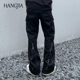 Pants Hiphop Cargo Flared Pant Men Harajuku Streetwear Back Zip Up Cargo Pants Black Y2k Loose Casual Wide Leg Trousers for Women