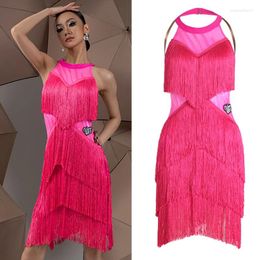 Stage Wear Latin Dance Dress Rose Pink Fringe Women Backless Sleeveless Practice Clothes Rumba Cha Costume DNV20268