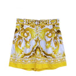 100% Cotton Fashion Yellow Porcrlain Printing Shorts Summer Women Beach Holiday Sweets Mini Pants High Street