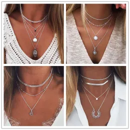 Necklaces Tenande Vintage Multi Layer Party Jewelry Leaves Stars Hamsa hand Moon Chain Necklaces & Pendants for Women Hot Sale Bijuterias