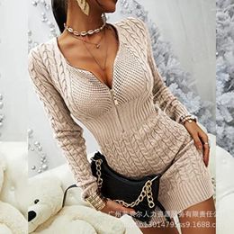 Casual Dresses Knit Sweater Dress Women Zipper Front Cable Spring 2024 Sexy Jumpers Pullovers Work Bodycon Autumn Winter Vestidos Jumper