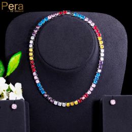 Necklaces Pera Stylish Multicolor Round Cut Cubic Zirconia Chain Necklace Earrings Sets for Ladies Fashion Dancing Party Jewlery Gift J525