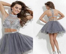2019 Two Pieces Dress Tulle A Line Short Homecoming Dresses with Rhinestone High Collar Sexy Back Cocktail Party Gowns8576592
