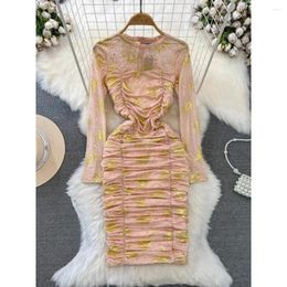 Casual Dresses Women Elegant Rhine Ston Mesh Pleated O Neck Long Sleeve Dress Sexy Fashion Vestidos Slim Autumn Hip Wrap