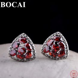 Earrings BOCAI S925 Sterling Silver Ear Studs New Fashion Garnet Blue Zircon Pure Argentum Earrings for Women Free Shipping