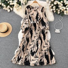 Casual Dresses Women Spring Dress Retro Print Maxi With Lantern Sleeves High Waist Belt Women's A-line Loose Hem Fall Slim