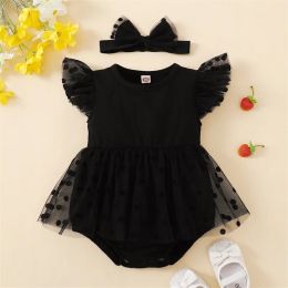 One-Pieces Summer Infant Newborn Baby Girl Clothes Ruffle Sleeve Dress Romper 2Pcs Dot Mesh Skirts Hem Bodysuit with Headband Set