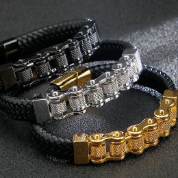 Strands Rock And Roll 316L Stainless Steel Motorcycle Bike Chain Bracelet Men's Braided Genuine Leather Strap Bangle Rockers Accessories