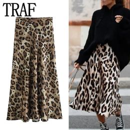 TRAF Leopard Print Satin Skirt Women High Waist Vintage Midi Woman Fashion Elegant Long Skirts For 2024 Summer 240420