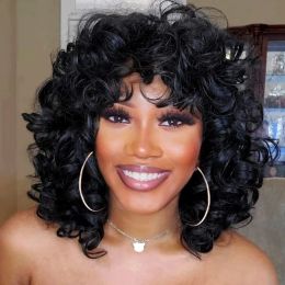 Wigs 14inch Short Curly Wigs for Black Women Big Curly Wig with Bangs Natural Colour Highlight Afro Kinky Curls Synthetic Hair Daily