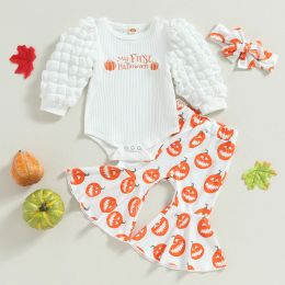 Sets Halloween 02Y Baby Girl Fall Outfits Long Bubble Sleeve Romper + Bell Bottoms + Headband Clothes Set