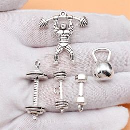 Charms Jewellery Making Antique Silver Colour Weightlifting Fitness Collection Handmade Men Accessories 5pcs