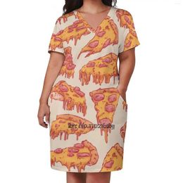 Casual Dresses Pizza Pattern Sexy V-Neck Dress Fashion Printed High Quality Short Sleeve Skirt 5Xl Food Fast Colour Colourful