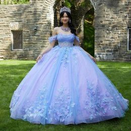 Mexican Lilac Quinceanera Dresses Handmade 3D Floral Applique Beads Tull Birthday Princess Formal Ball Gowns Vestidos 15 XV Anos