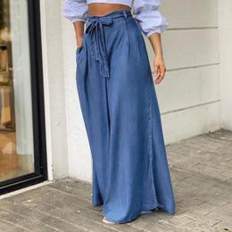 Women's Jeans 2024 Fall Women Long Pants High Waist Fashion Belted Casual Loose Solid Wide Leg Streetwear Skirt