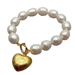 YYGEM office style natural Cultured White Rice freshwater Pearl strand Bracelet Gold filled Brushed Heart Charm 8 240414