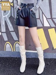 Women's Shorts Women Black Genuine Leather High Waist Button Wide Leg Spring Summer Street Casual Real Sheepskin