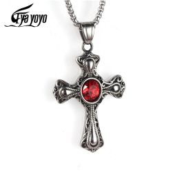 Necklaces Vintage Cross Necklace Vintage Pattern Red Zirconia Stainless Steel Cross Stone Retro Pendant Stone Jewelry For Men Party Gift