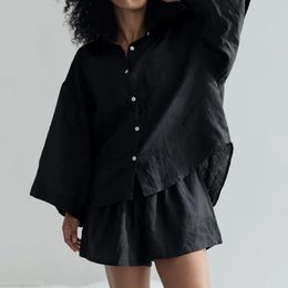 Simple Women Shorts Set Button Shirts Suit 100% Cotton Pyjamas Spring Summer Outfits Black Thin Casual Loose Home Clothes 240418