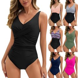 Women's Swimwear Sexy One-piece Swimsuit Strappy V Neck Monokini Bathing Suit With Drawstring Pleated For Surfing