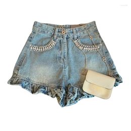 Women's Shorts Rhinestone Pockets Ruffled Denim High Waist All-Matching Pants Korean Style Street Summer 2024