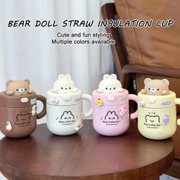 Water Bottles Cute Bear Doll Straw Insulation Cup Stainless Steel And Cold Drinks Travel Coffee Portable Bottle
