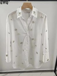 EWQ Crystal Beading Decoration White Shirt For Women Nine Quarter Sleeve Loose Temperament Blusas Spring Autumn 16U4164 240420