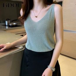 Women's Tanks Summer V-neck Solid Colour Sequins Knitting Tank Top Women Sleeveless Casual Fashion Pullover Tee Ladies Loose Bottomed Vest