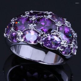 Cluster Rings Sweet Oval Purple Cubic Zirconia Silver Plated Ring V0585