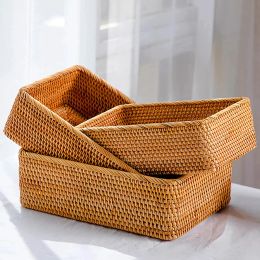 Baskets 3 Sizes Rectangular Rattan Storage Baskets, Handmade Woven Nesting Wicker Baskets for Decor, Fruit Tray and Snack Storage Box