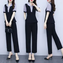 Women's Two Piece Pants Turn Collar Short Sleeve Sets Fashion Patchwork Oversize Outfits Suits Office Lady Clothes 2024