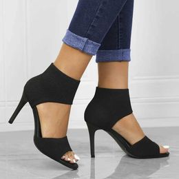 Sandals Women New Designer Knitted High Heels Sandals Summer 2023 Square Toe Thick Heeled Sandal Woman Sexy Slingbacks Black Party ShoesL2404