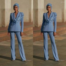 Party Dresses Sky Blue Pearls Suits Evening Appliques Deep V Neck 2 Pcs Prom Gowns Custom Made Blazer&Pants