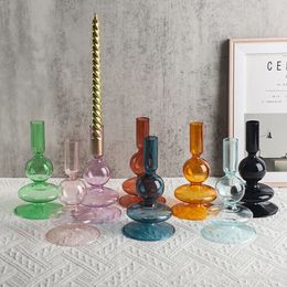 Glass Candle Holders For Wedding Handmade Color Candlestick Holder Vase Table Centerpiece Home Nordic Vintage Decoration 240410