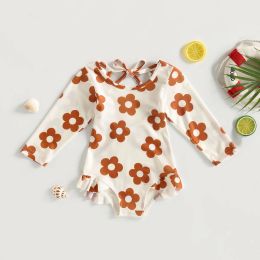 Swimwear Infant Baby Girl Swimwear Lovely Floral Backless Lacing Up Long Sleeve Ruffle Hem Bodysuit Bathing Suit Kids Girl Beachwear 03Y