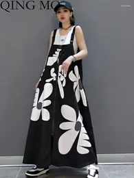 Casual Dresses QING MO 2024 Summer Slash Neck Dress Loose Mid-length Splicing Printing Leisure Suspender White Black Women ZXF2277