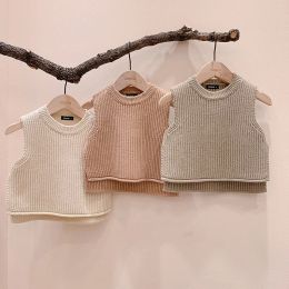 Sweaters Fashion Baby Knit Vest For Boy And Girl Kids Solid Colour Sweater Autumn Windproof Outerwear Sleeveless Infant Knitted Cardigan
