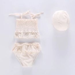 Swimwear 2022 Summer New Baby Girls Split Swimwear Lace Embroidery Sling Tops +Shorts +Cap 3Pcs Toddler Kids Bikini Set Children Swimsuit