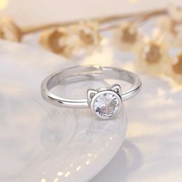 Bands Silver Colour Stainless Steel Simply CZ Cat Rings for Women Personality Cute Cat Open Ring Creative Jewellery Party Gift