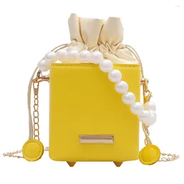 Drawstring Women Square Box Shoulder Bag PU Pearl Chain Mini Handbag Totes