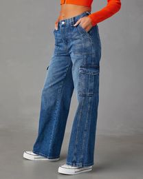 カーゴジーンズパンツジーンズ女性デザイナーパンツ女性ポケットS-XXLロングフレアルーズミッドジッパーポリエステルデニムコットンスタックジーンズジーンズY2Kジーンズデニムゴス
