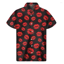 Men's Casual Shirts Fashion Red Lips 3d Printed Shirt Men Women Summer Vacation Loose Short Sleeves Hawaiian Tee Button Lapel Aloha Blouse
