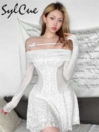 Casual Dresses Sylcue White Sweet Gentle Elegant Mature Beautiful Sexy Women'S Winter Short Off-Shoulder Lace Pleated A-Line Dress