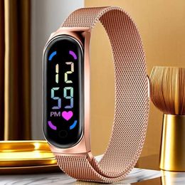 Wristwatches 2023 New LED Women Watches for Girls Magnetic Watchband Strap Waterproof Touch Feminine Clock Digital Wristwatches Gift 240423