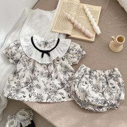 Sets 2024 New Summer Toddler Baby Girl Clothes Suit Short Sleeved Cotton Printed Tshirt+PP Shorts Korean Style Children Clothes Set