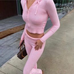 Women's Two Piece Pants Fall Winter Stretch Knitted 2 Sets Women Tracksuit Long Sleeve Zipper Hooded Ribbed Jackets Crop Top Matching Suit