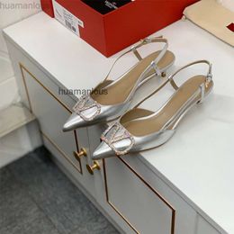 Pointed V-shaped High New Valent Rhinestone Womens Sandals Shoes Straight Evening Buckle Metal Vbuckle Versatile Heels Toe Silver Summer L2IO